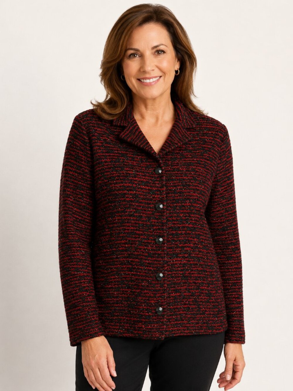 Alfred Dunner Red Blac Metallic Knit Button Front Sweater Jacket Women’s 14 USA